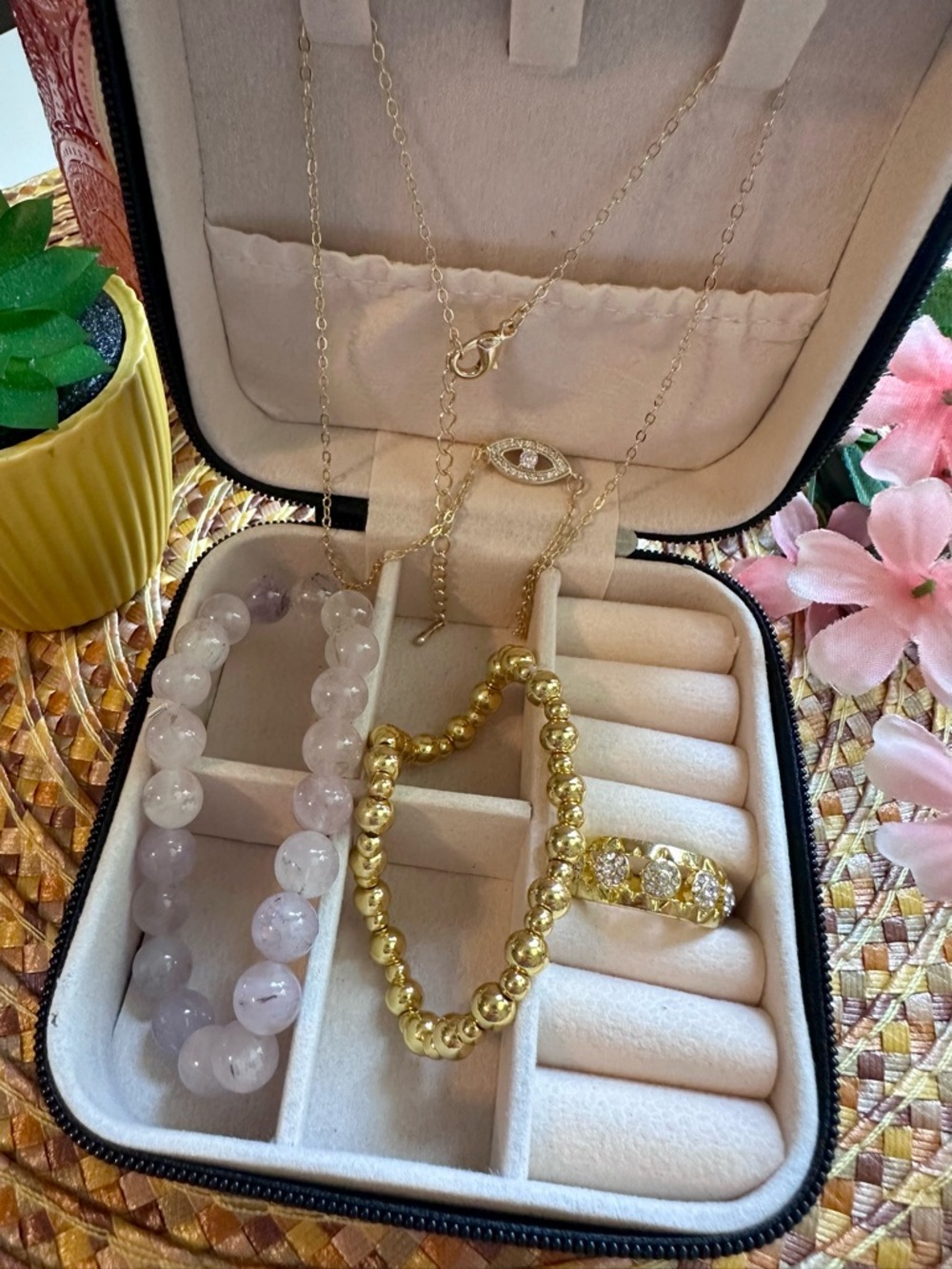 Gold Bead Bracelet and Rose Quartz Beaded Bracelet Set-Jewelry Bundle with Case